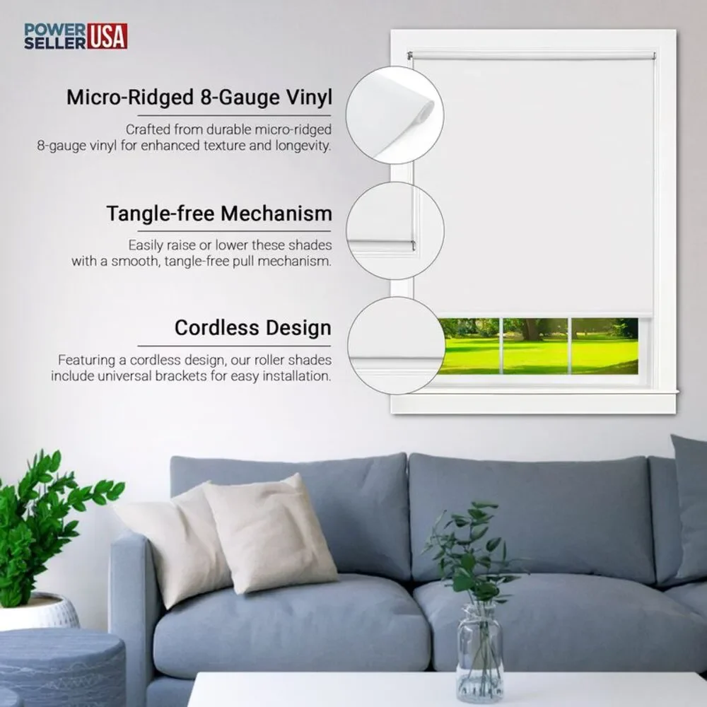 PowerSellerUSA Vinyl Roller Shades, Room Darkening 8-Gauge Thick, Cordless